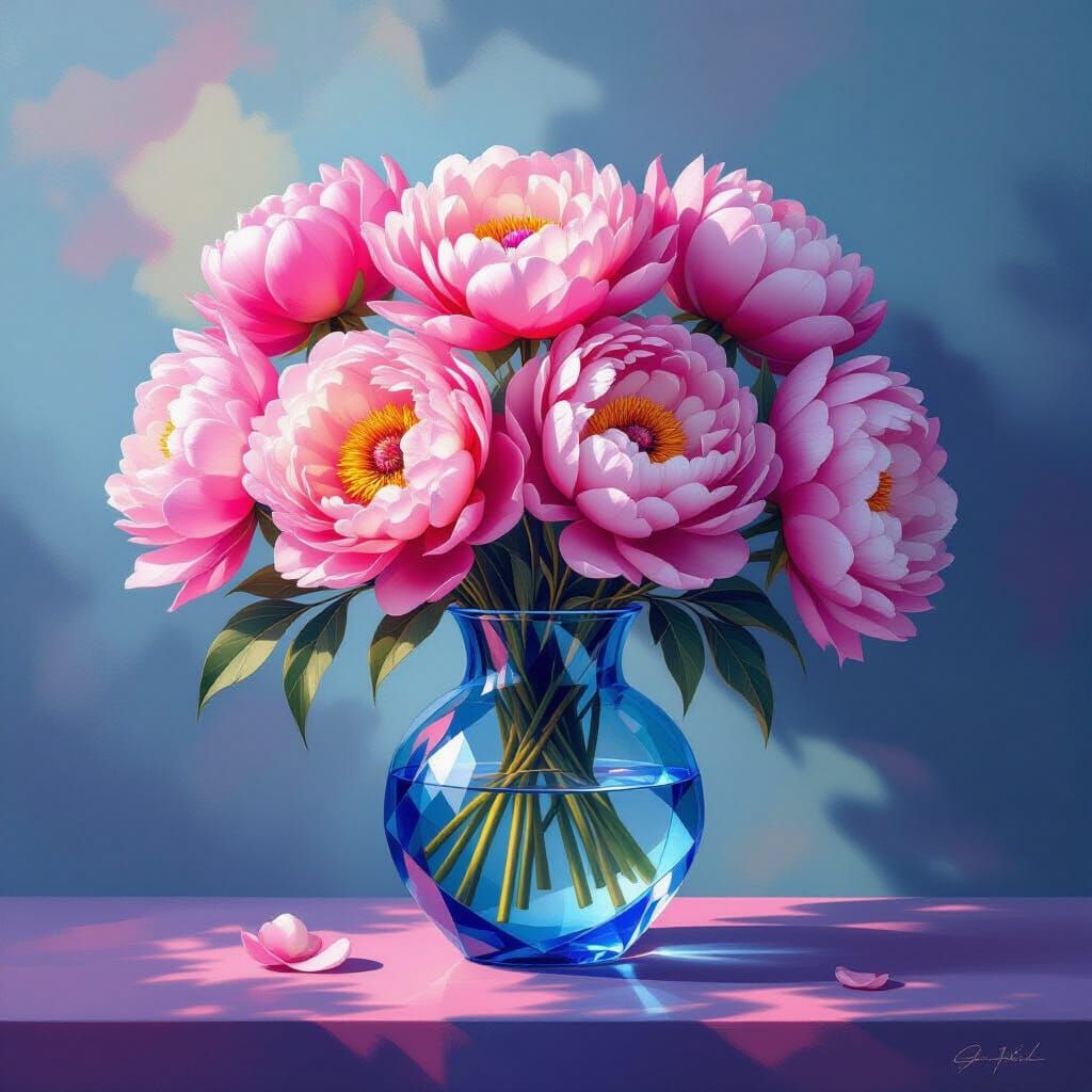 Crystal Peony Bouquet in Geometric Vase