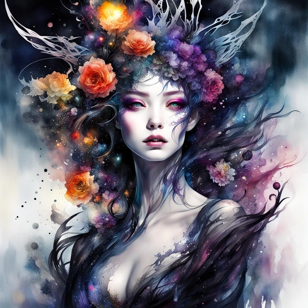 Dark Fairy Demon in Digital Watercolor Fantasyscape