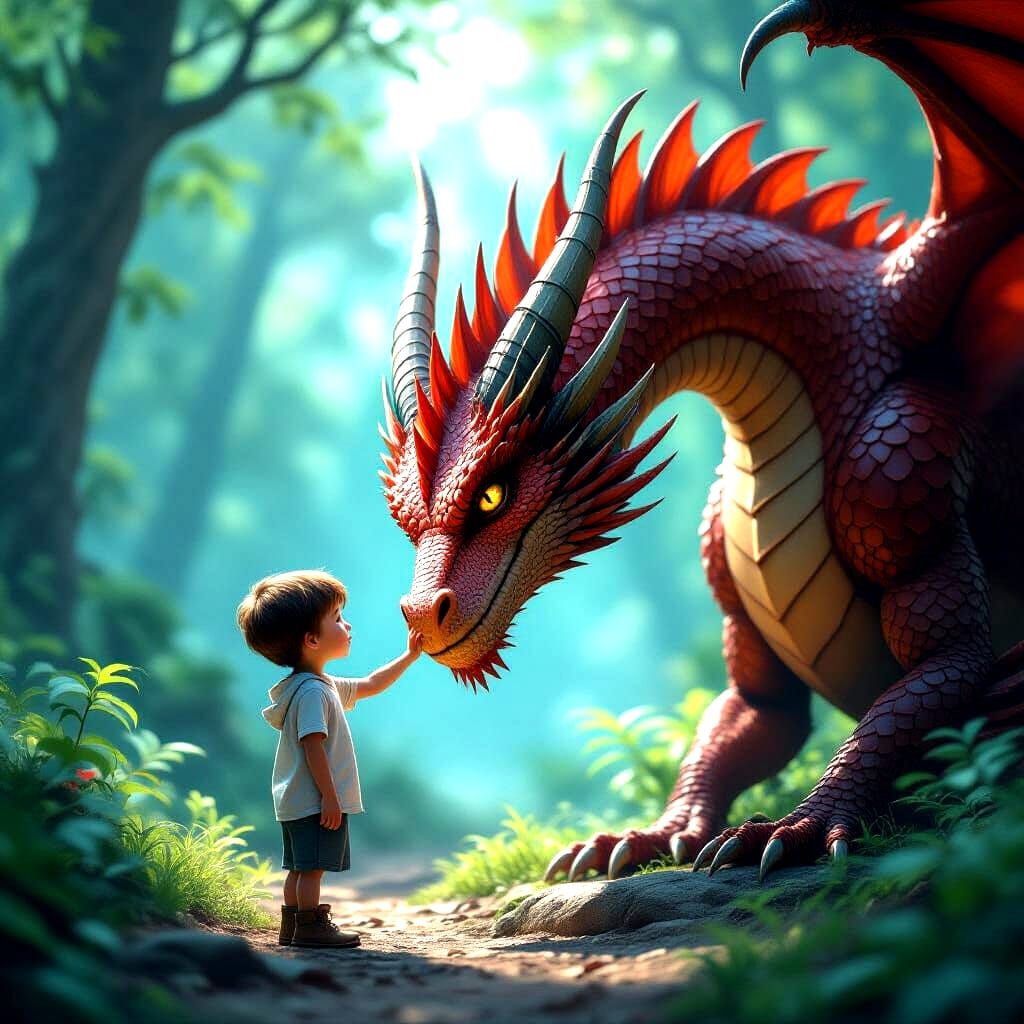 Young Boy and Dragon in Fantasy Concept Art Style