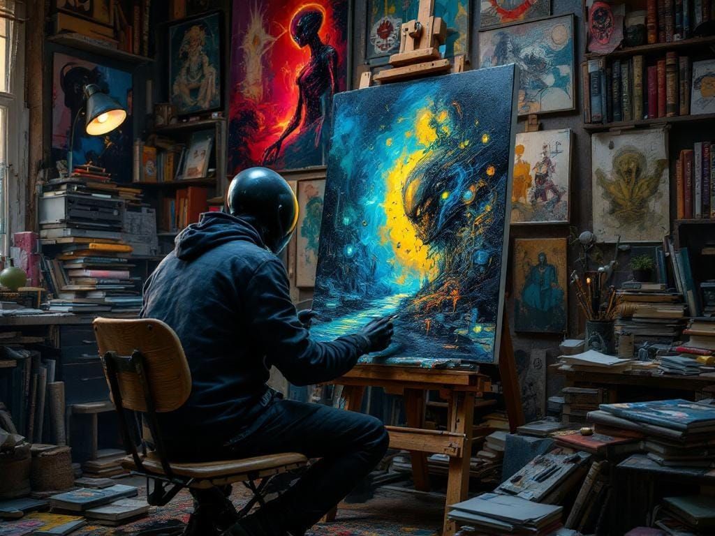 Alien Artist in Studio: Hyperrealistic Sci-Fi Art