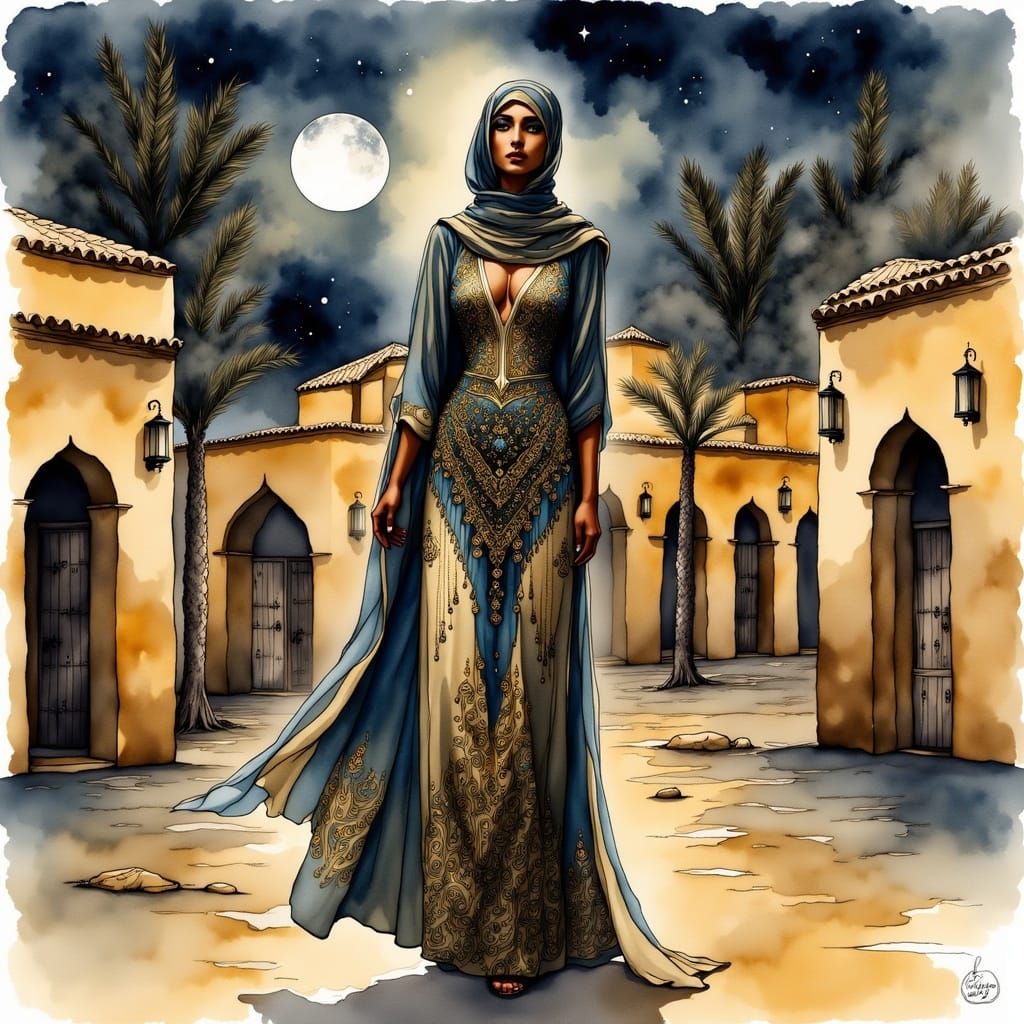Moroccan Woman in Desert, Fashion Illustration