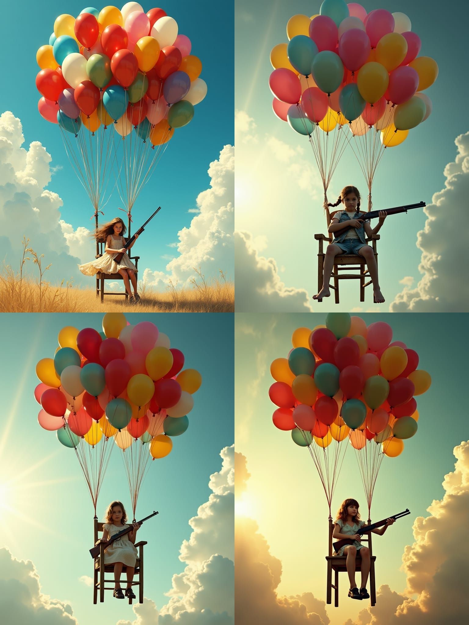 Girl with Shotgun Aloft in Balloon-Lifted Chair