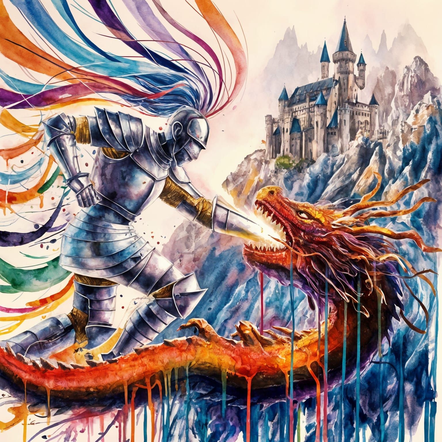 Vibrant Watercolor Battle of Knight vs Dragon
