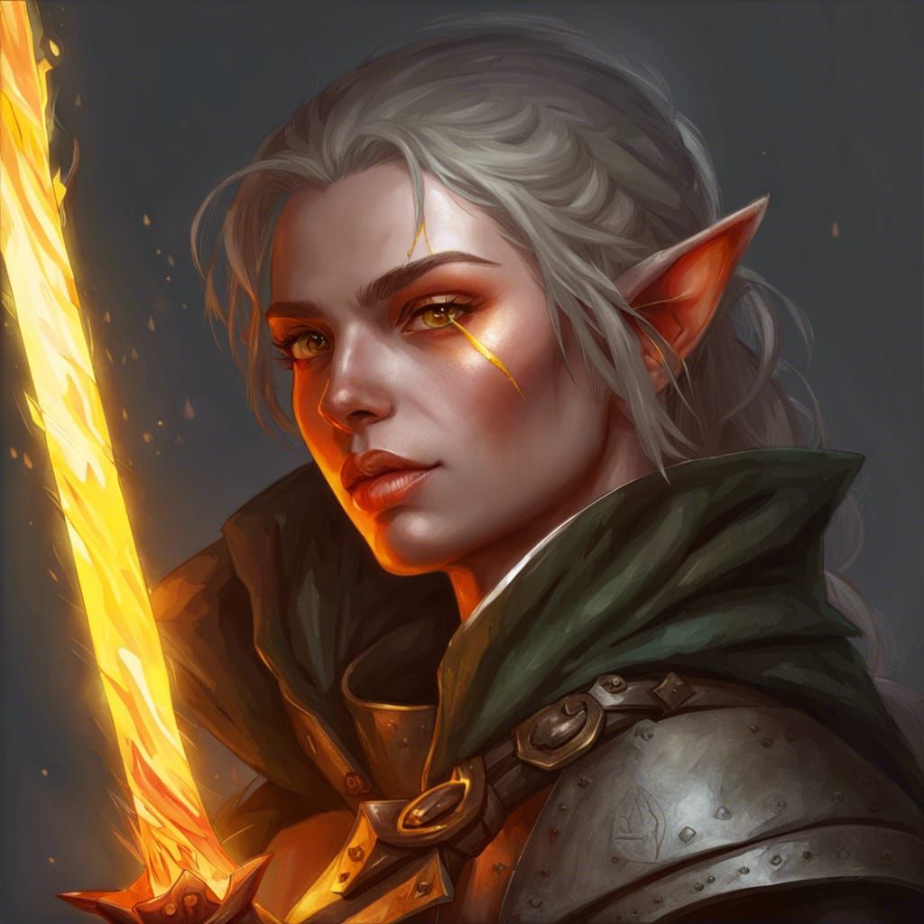 Half-Elf Rogue with Flaming Sword: Hyperdetailed Portrait