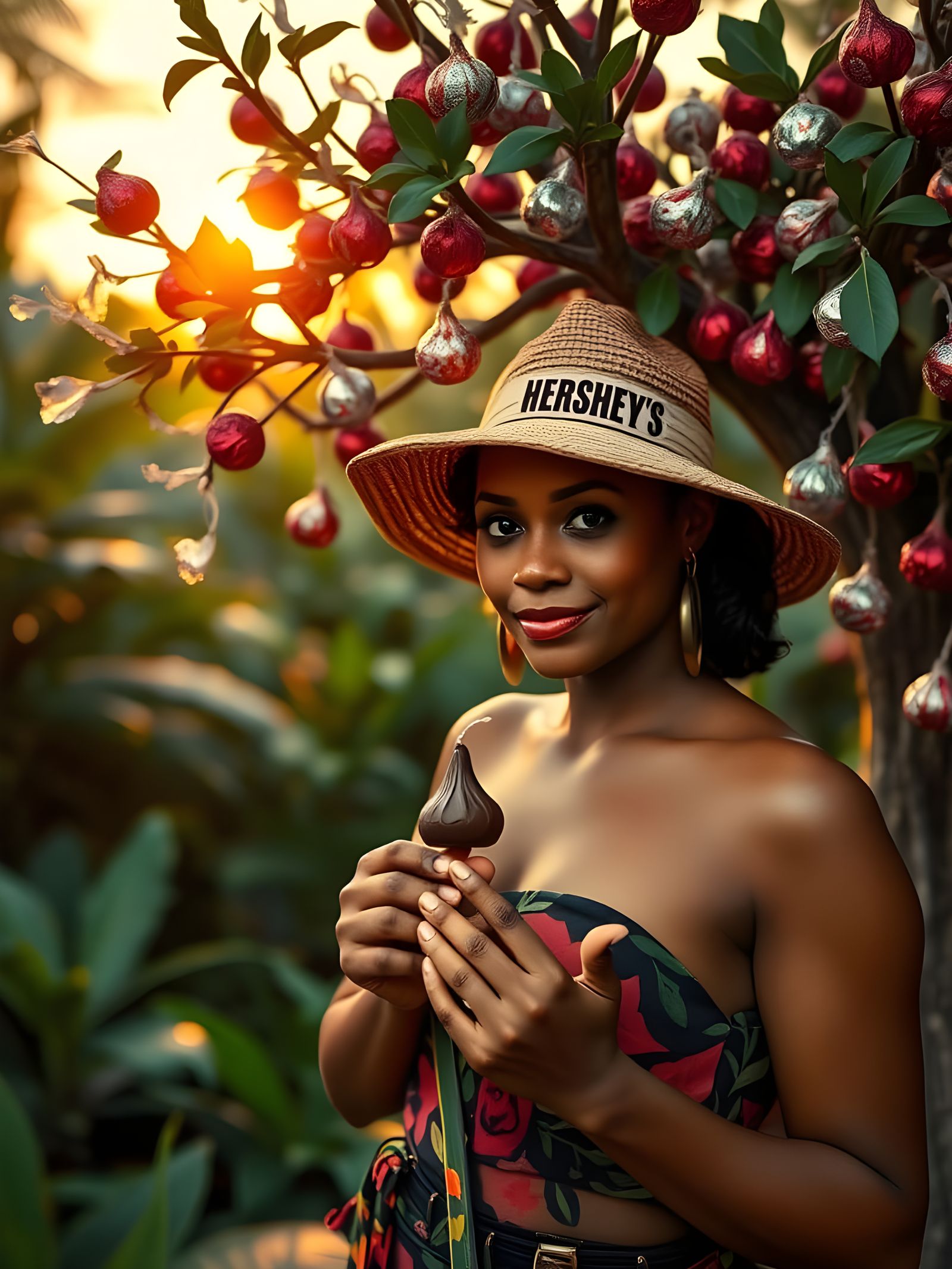 Woman Holding Hershey's Kiss at Jungle Sunrise