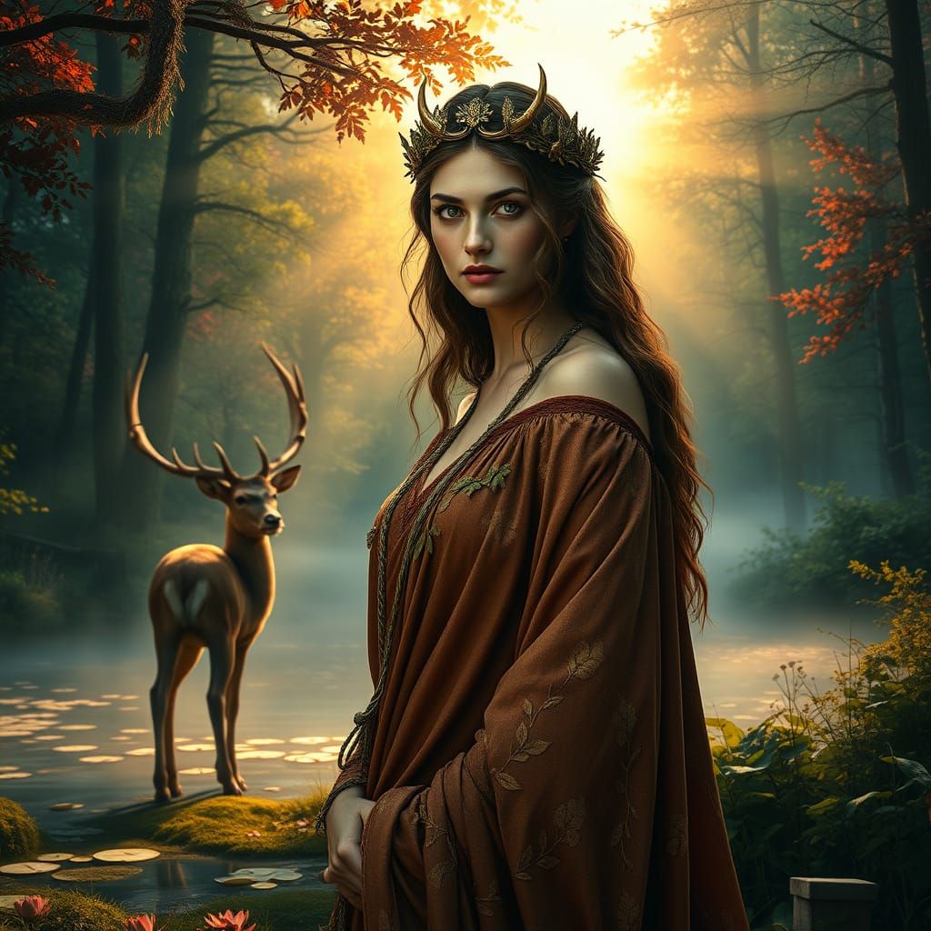 Goddess Diana in Vibrant Forest Landscape