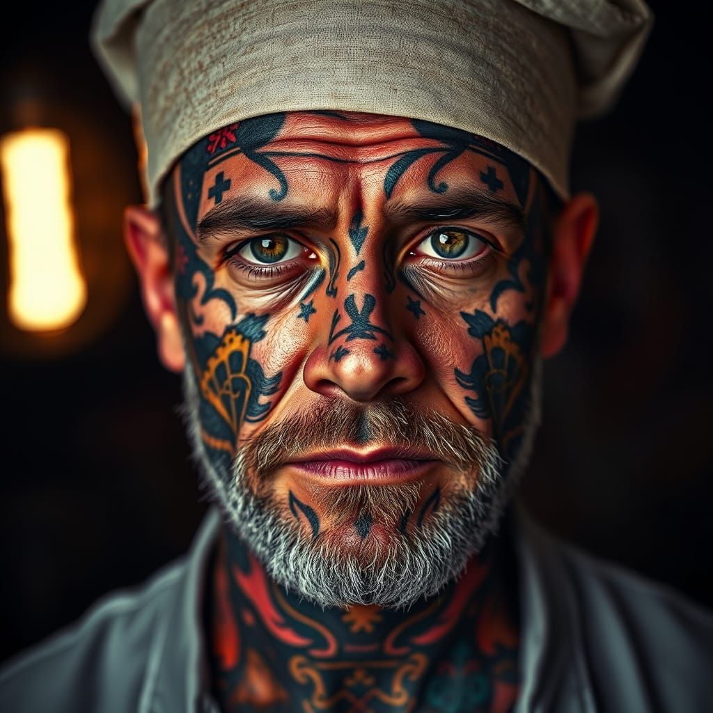 Hyper-realistic photo of a stunning cook face covered in col...