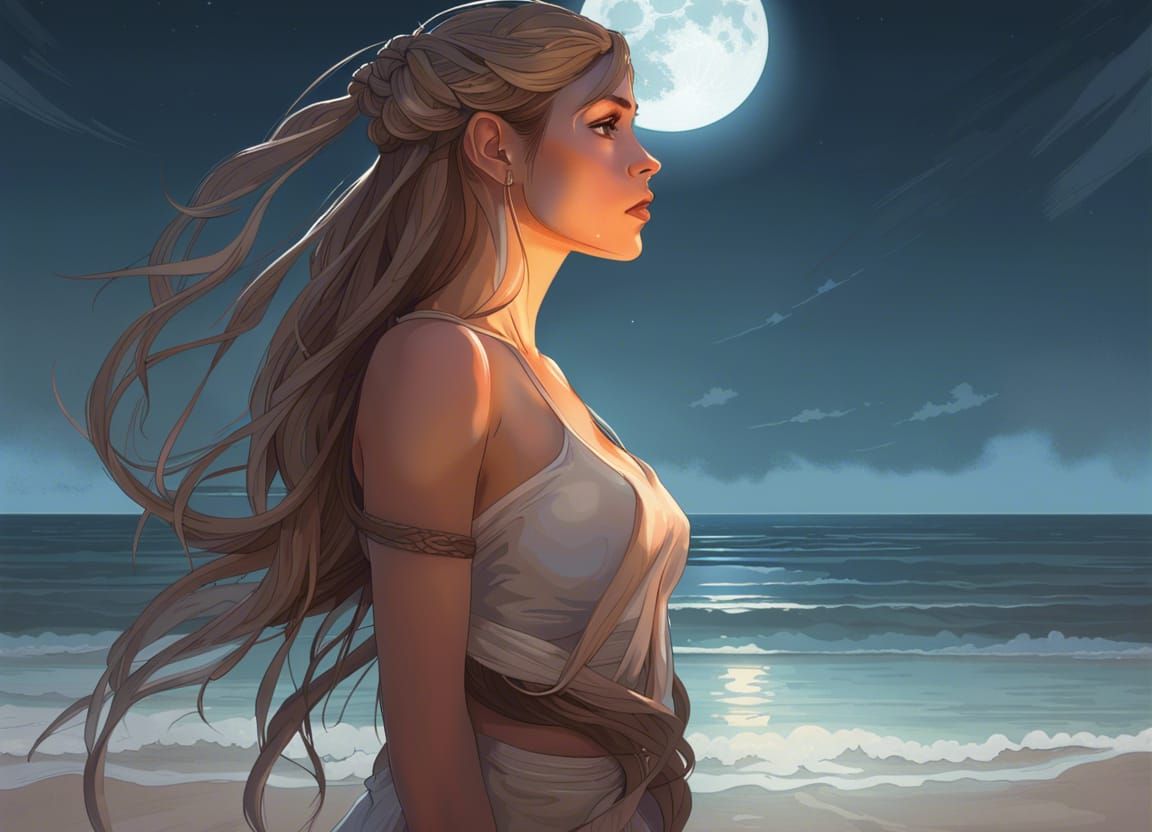 Girl on Beach at Night, Hyperdetailed Portrait