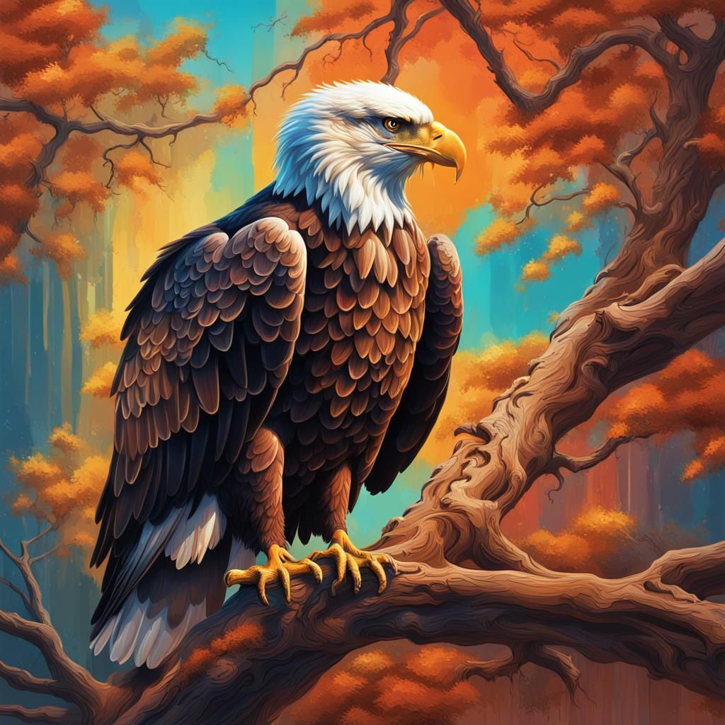 Hyperrealistic Eagle on Branch with Dramatic Lighting