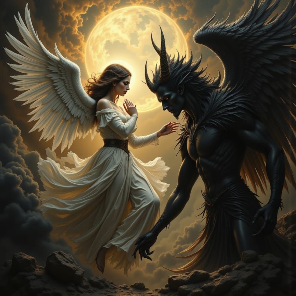 Celestial Angel and Shadow Demon Diptych in Hyperrealistic S...