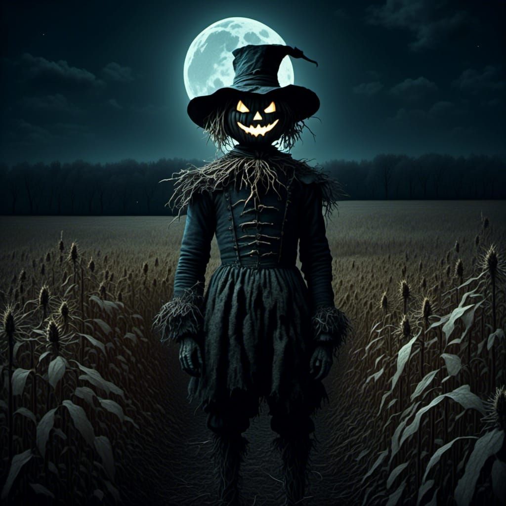 Creepy Scarecrow in Moonlit Field with Glowing Smile