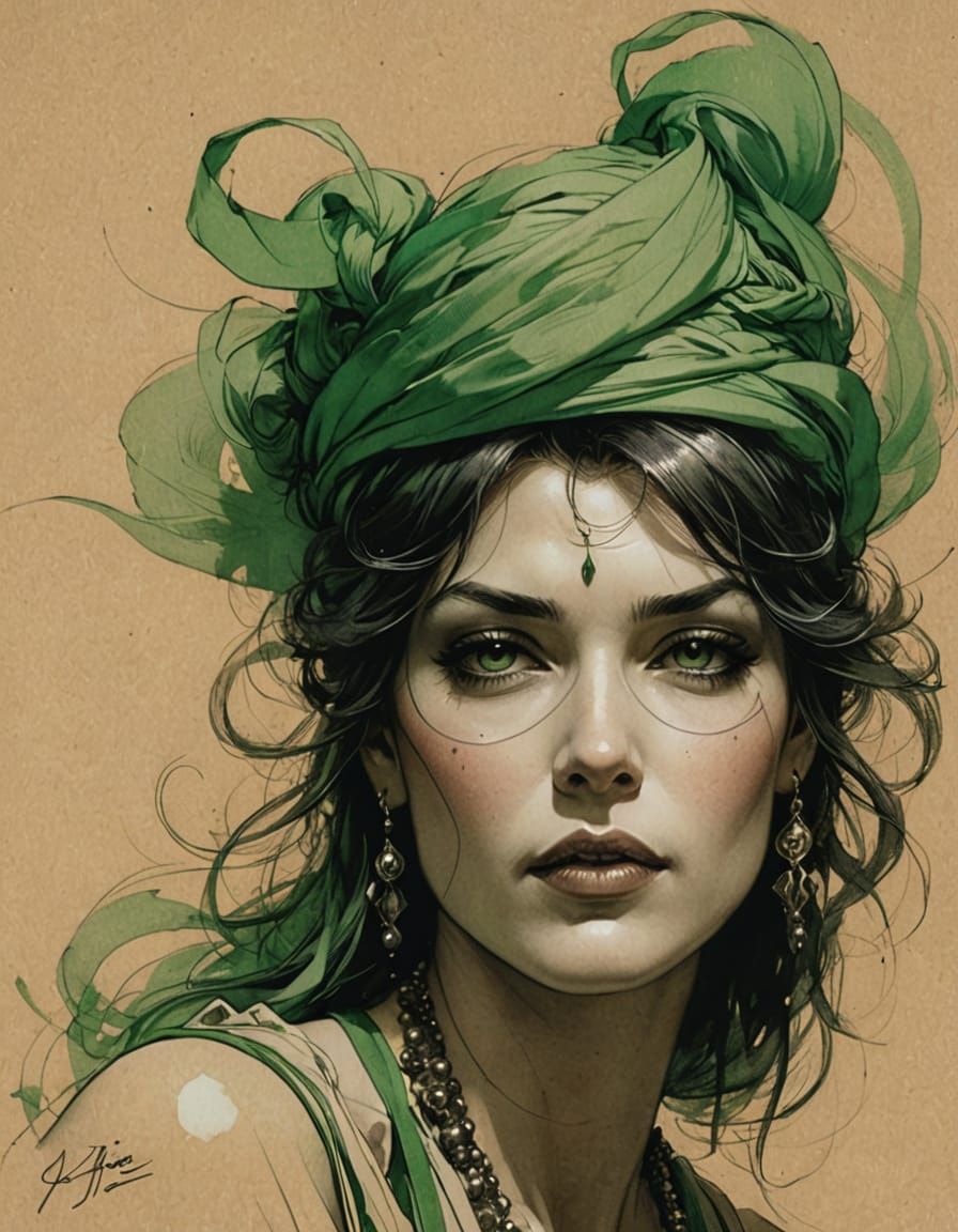 Ink Drawing of Woman in Maxi Dress with Green Accents