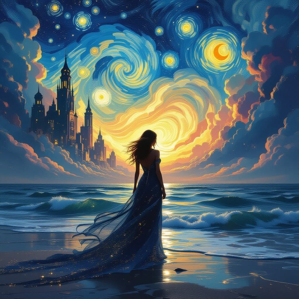 Woman Merging with Cosmic Ocean in Van Gogh Style