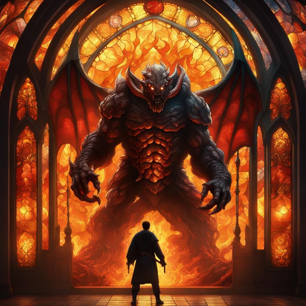 Fiery Balrog Silhouette Before Stained-Glass Portal