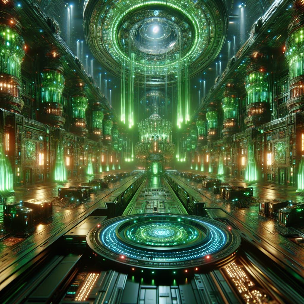 Futuristic Alien Space Station with Green Illumination
