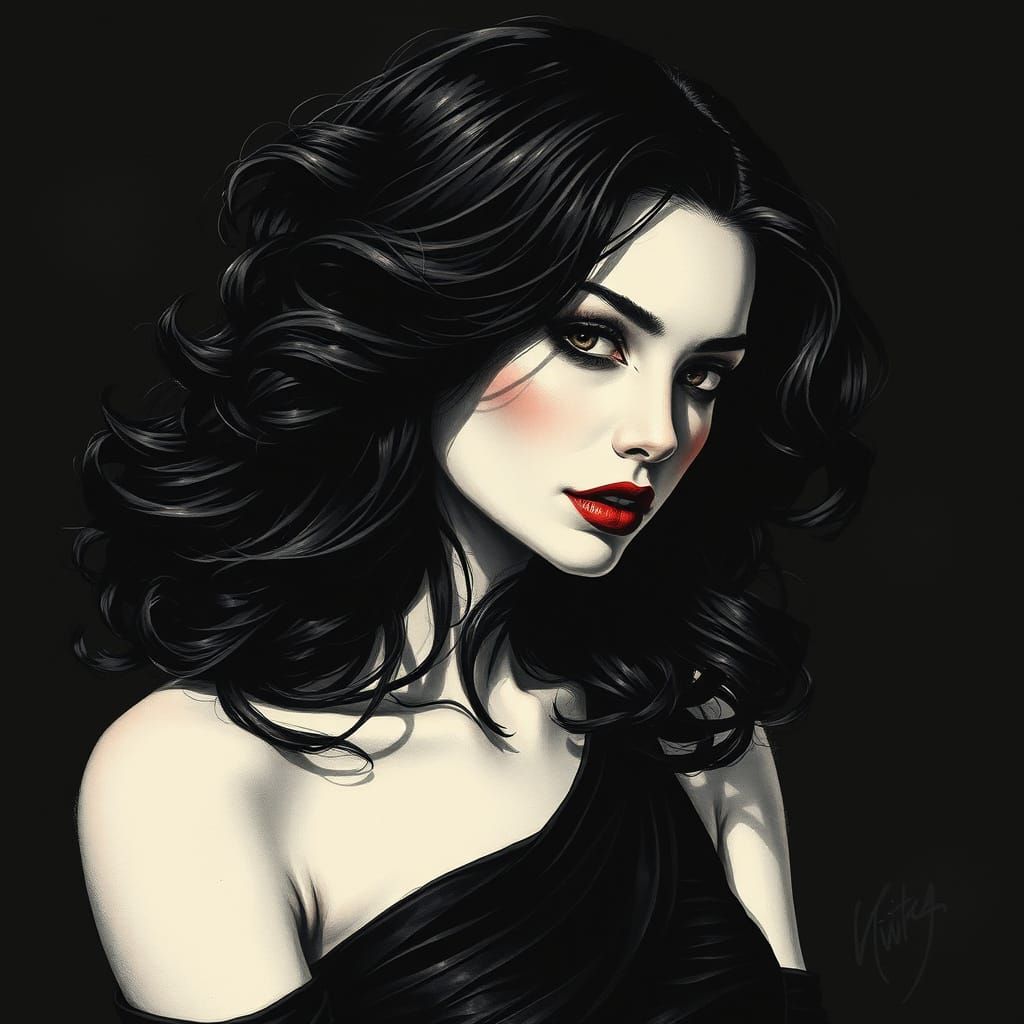 Gothic Glamour: Ink Wash Painting of Fierce Woman