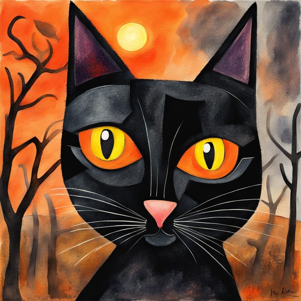 Black Cat in Halloween Impressionist Gouache Style