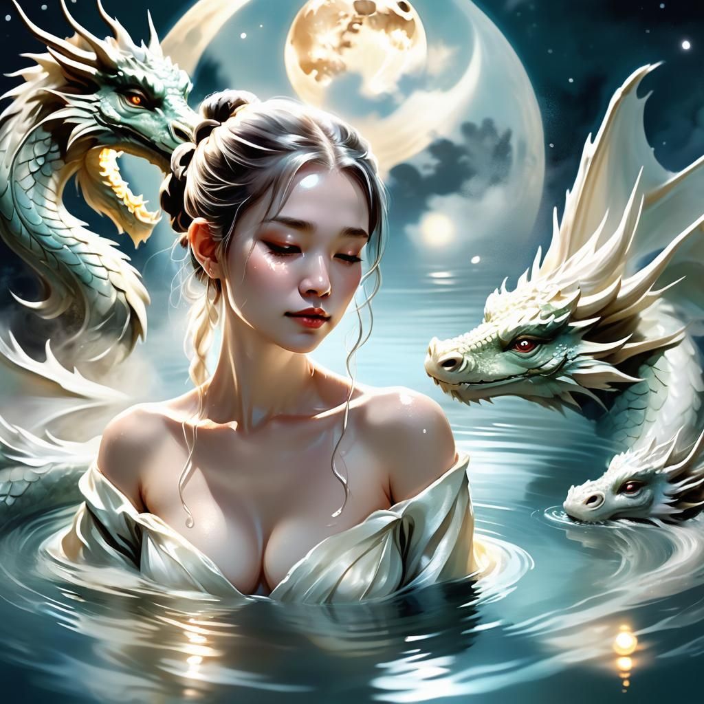 Serene Dragon Bath with Woman in Fantasy Art