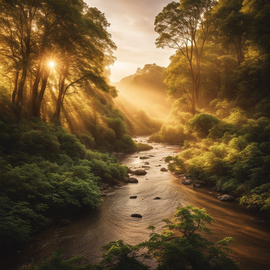 Forest River in Golden Hour Sunlight