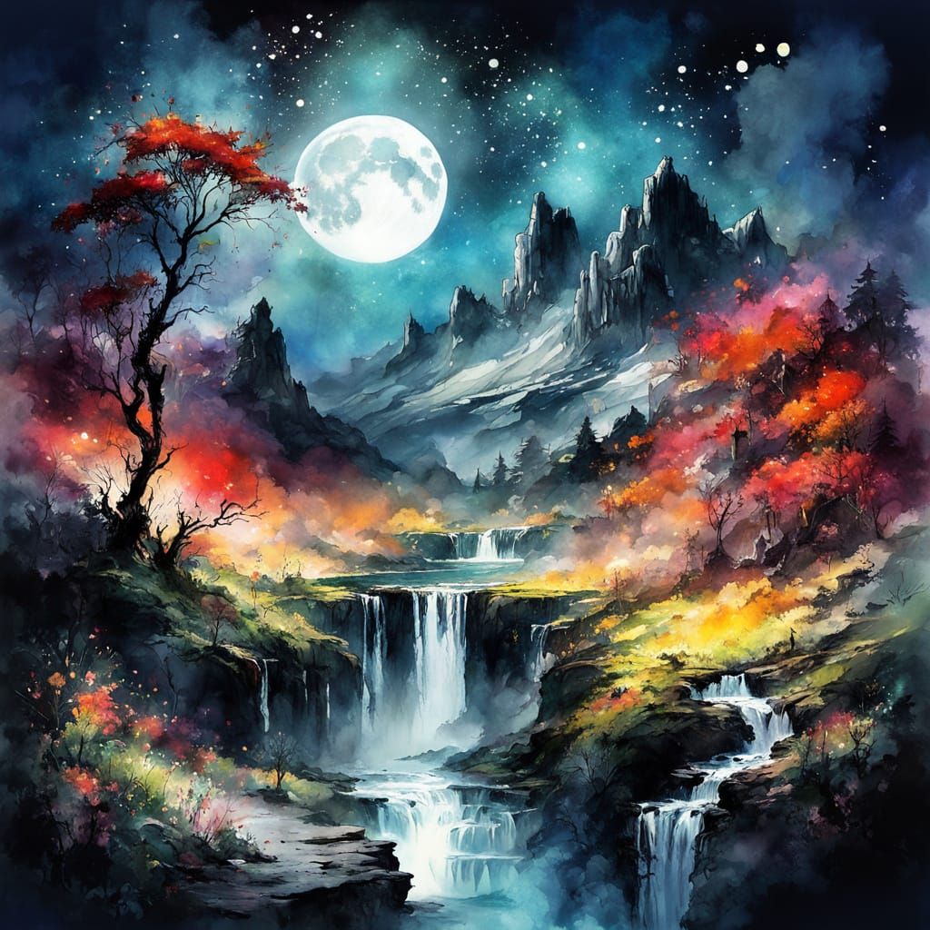 Lush Moonlit Valley in Watercolor Illustration
