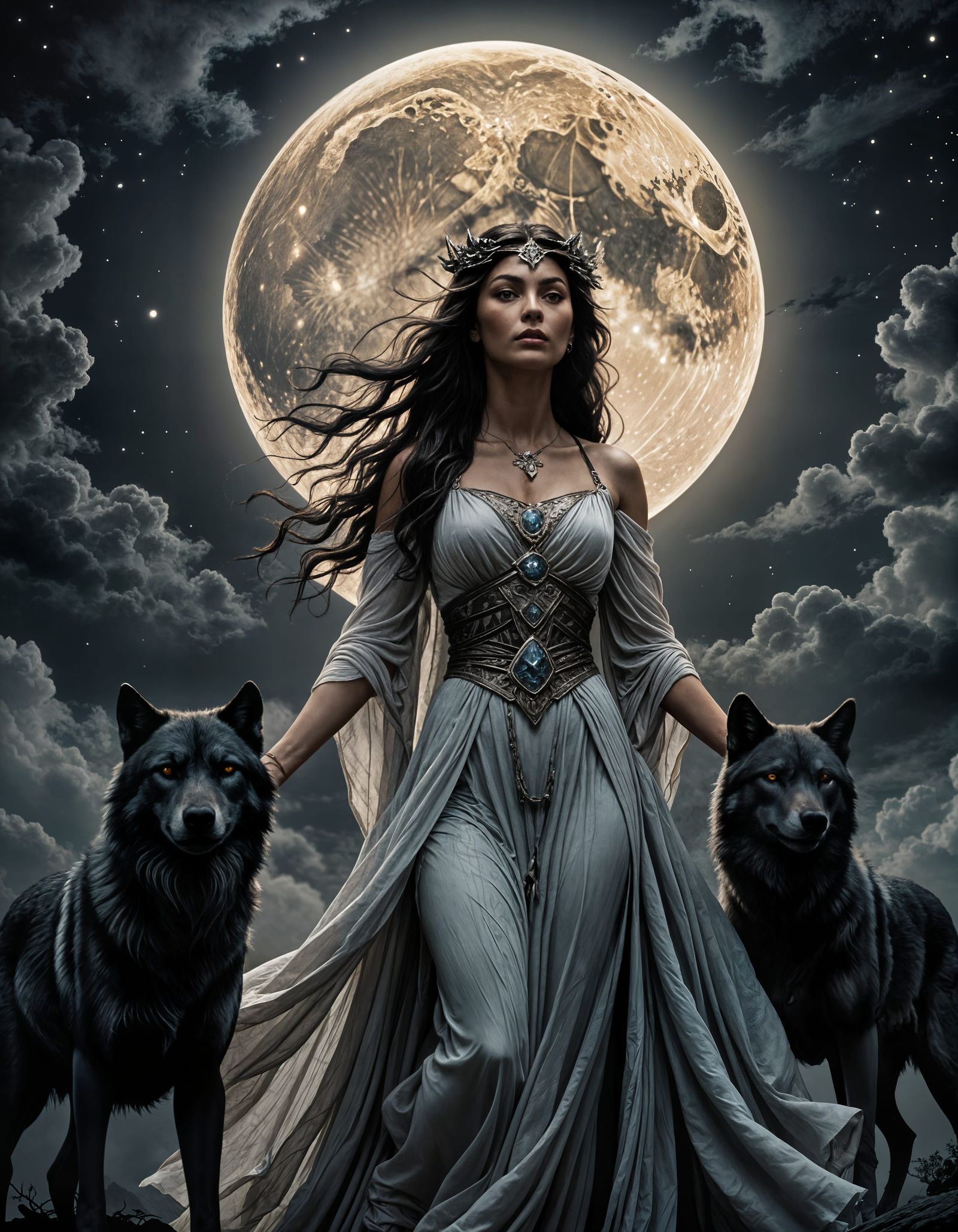 Moonlit Invocation: Woman and Wolves Under Full Moon