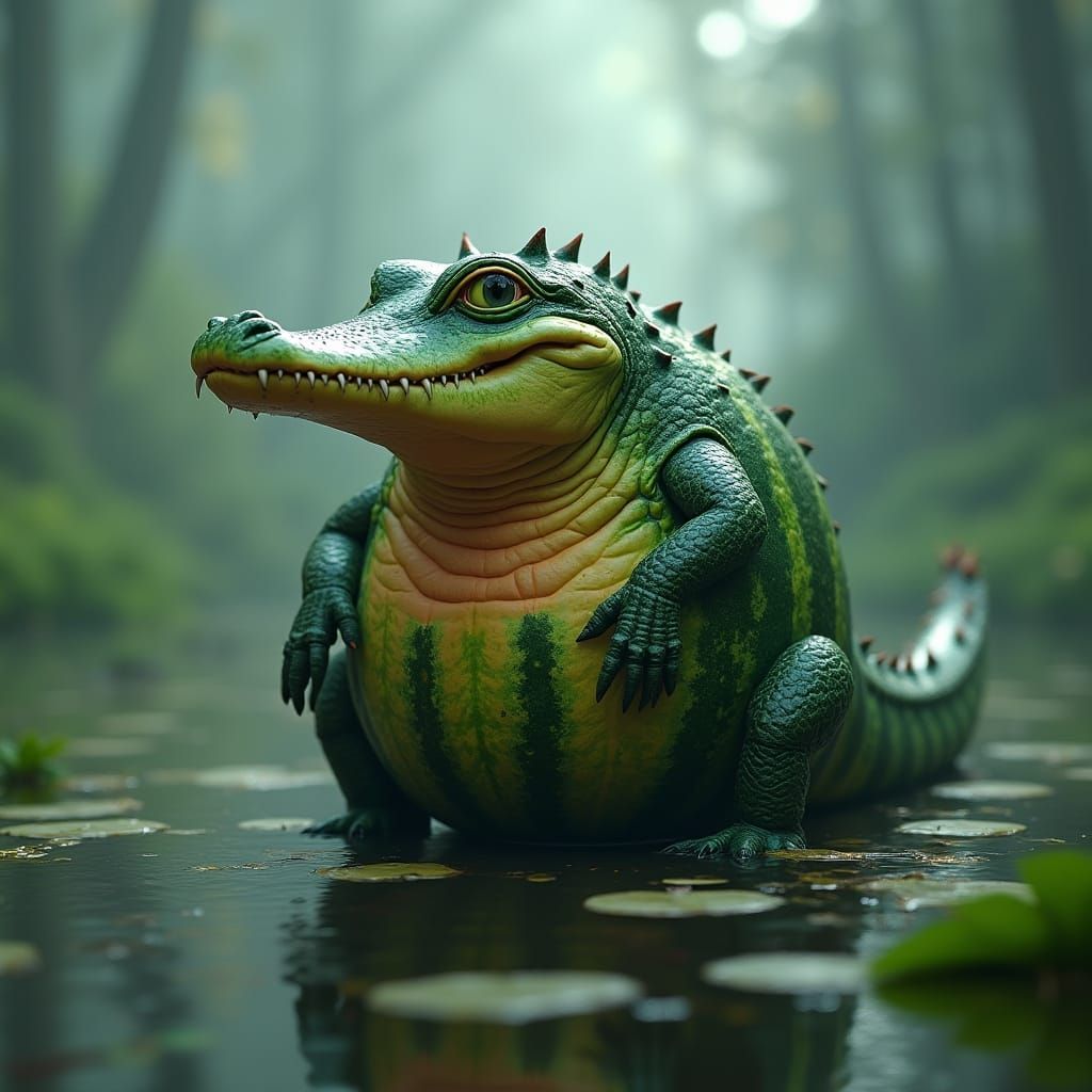 Watermelon Alligator in Misty Swamp, 8K