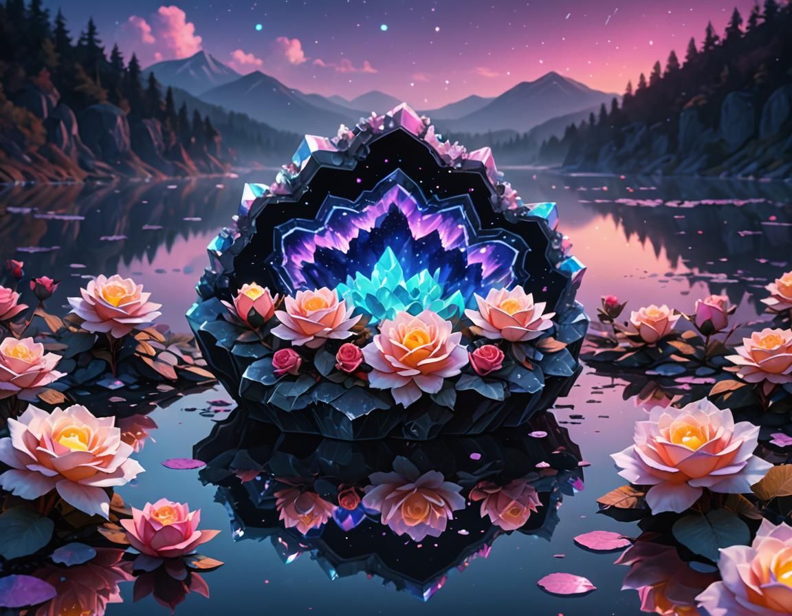 Holographic Crystal Geode on Reflective Lake