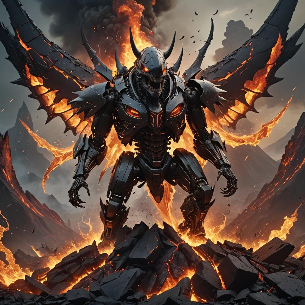 Flying Obsidian Robot Shark Skeleton Over Volcano