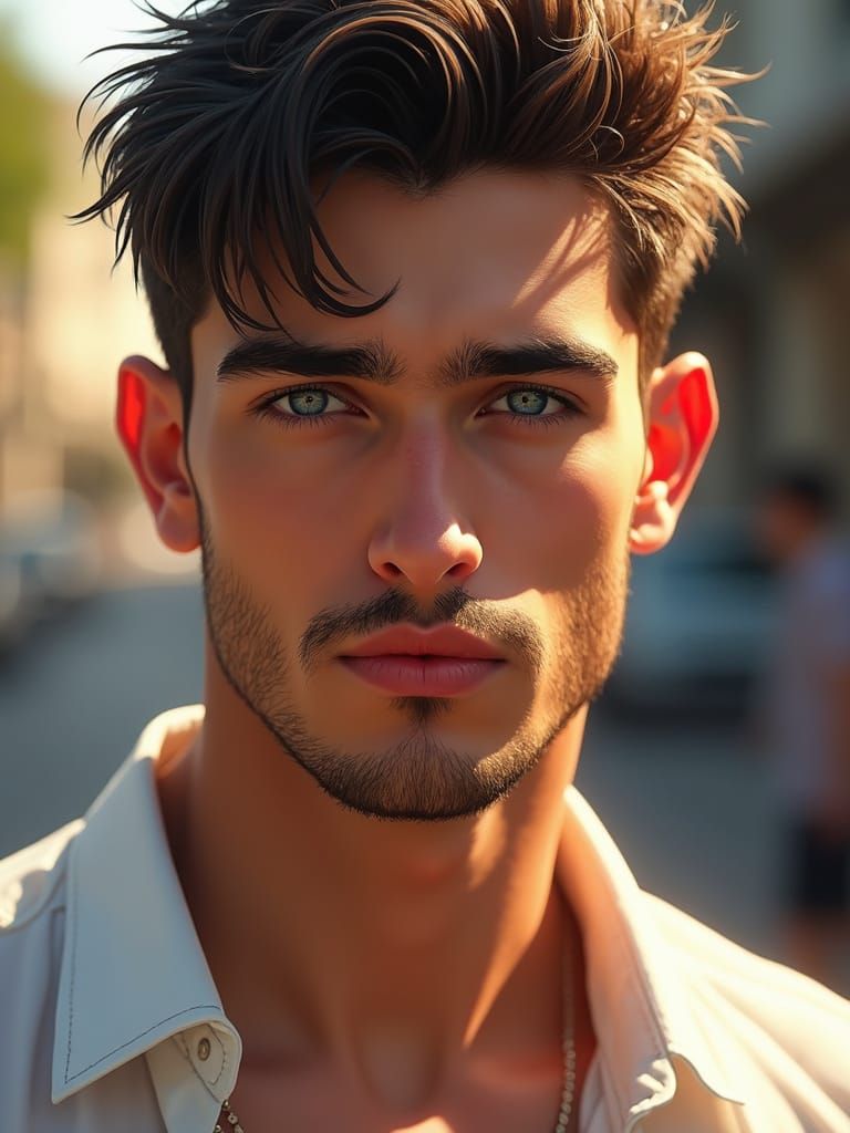 Sensual, Sun-Kissed Male Portrait in Hyper-Realistic Style