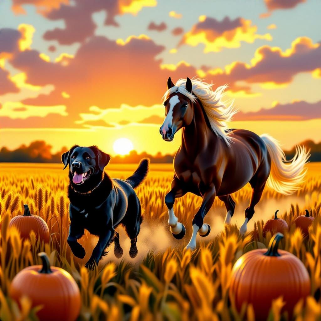 Golden Retriever, Black Lab Race Arabian Horse Through Autum...