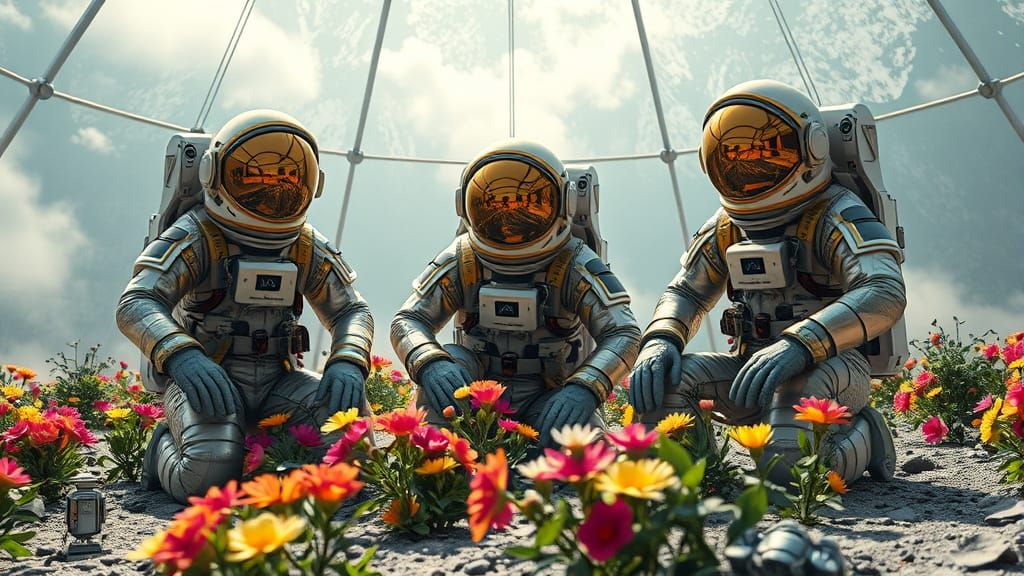 Astronauts Among Lush Lunar Flowers in Futuristic Geodesic D...