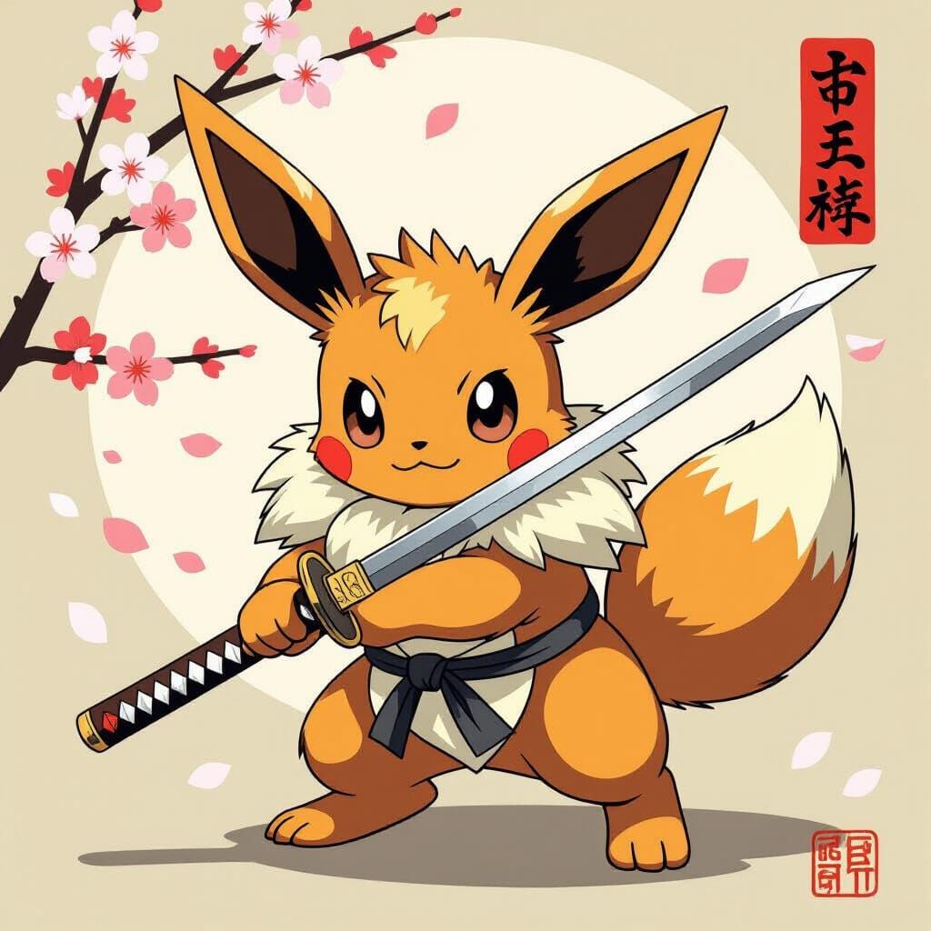 Eevee with Katana in Japanese Woodblock Print Style