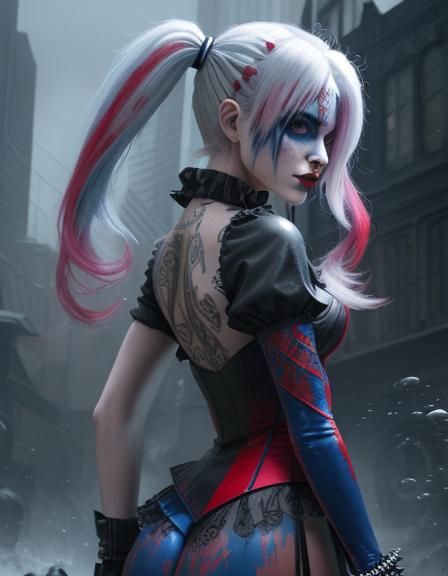 petite Harley Quin wearing sheer lace in Gotham City angst punkcore platinum blonde pigtails with red and blue tips whit...