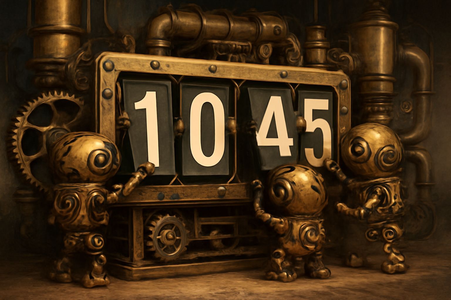 Small steampunk robots with exposed gears change the numbers on a score board to show the time. steampunk engine