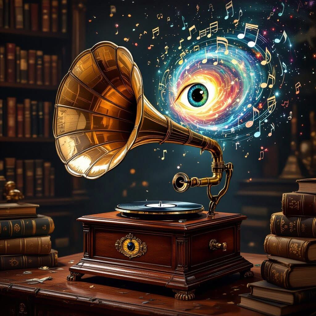 Surreal Gramophone Emitting Galaxy of Music Notes in Victori...