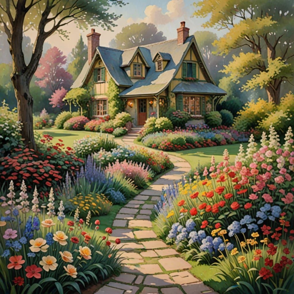 Enchanting Storybook Cottage in Vibrant Garden Watercolor