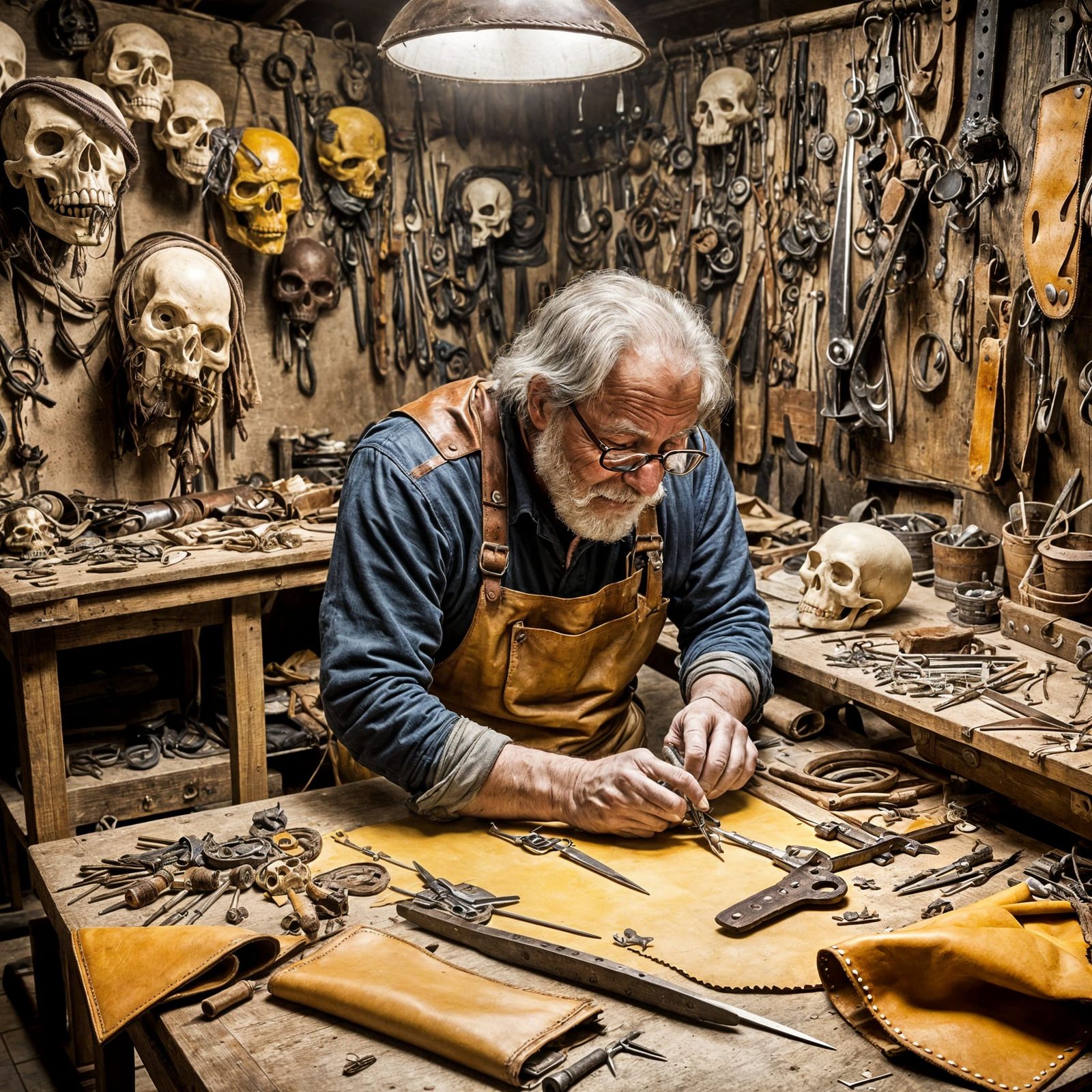 Leatherworker Crafting a Skull Mask