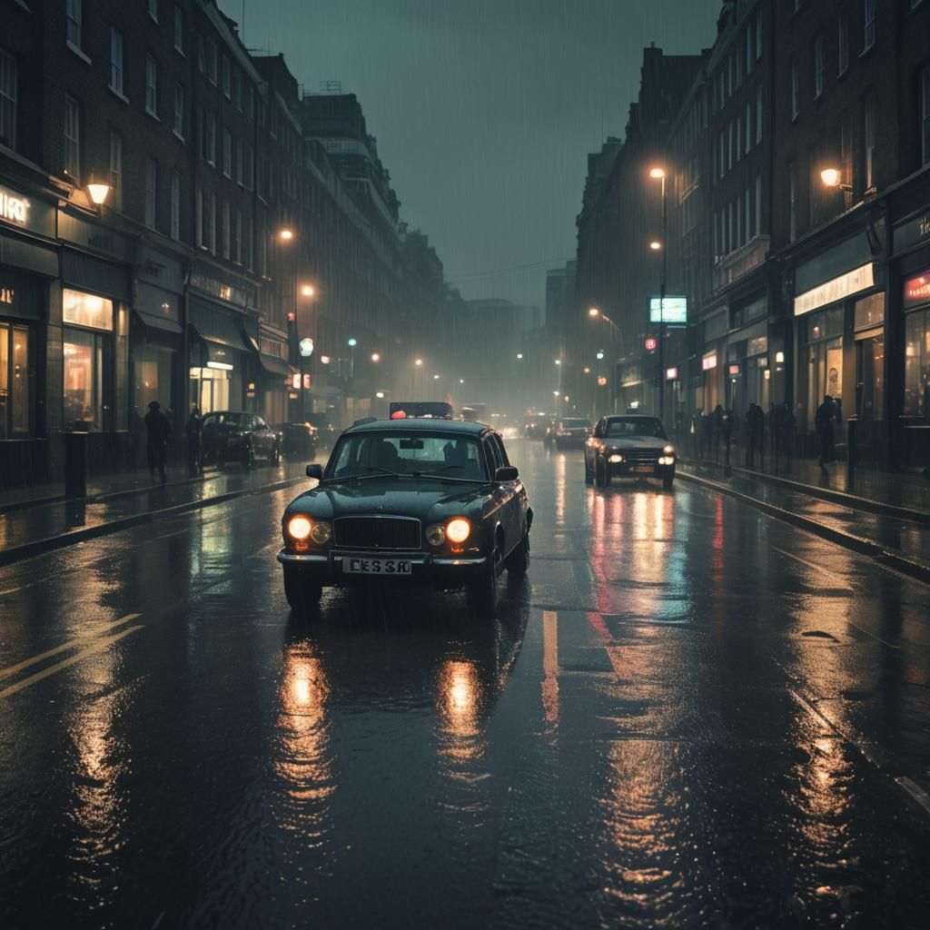 Car in Rainy London Street: Film Noir Style