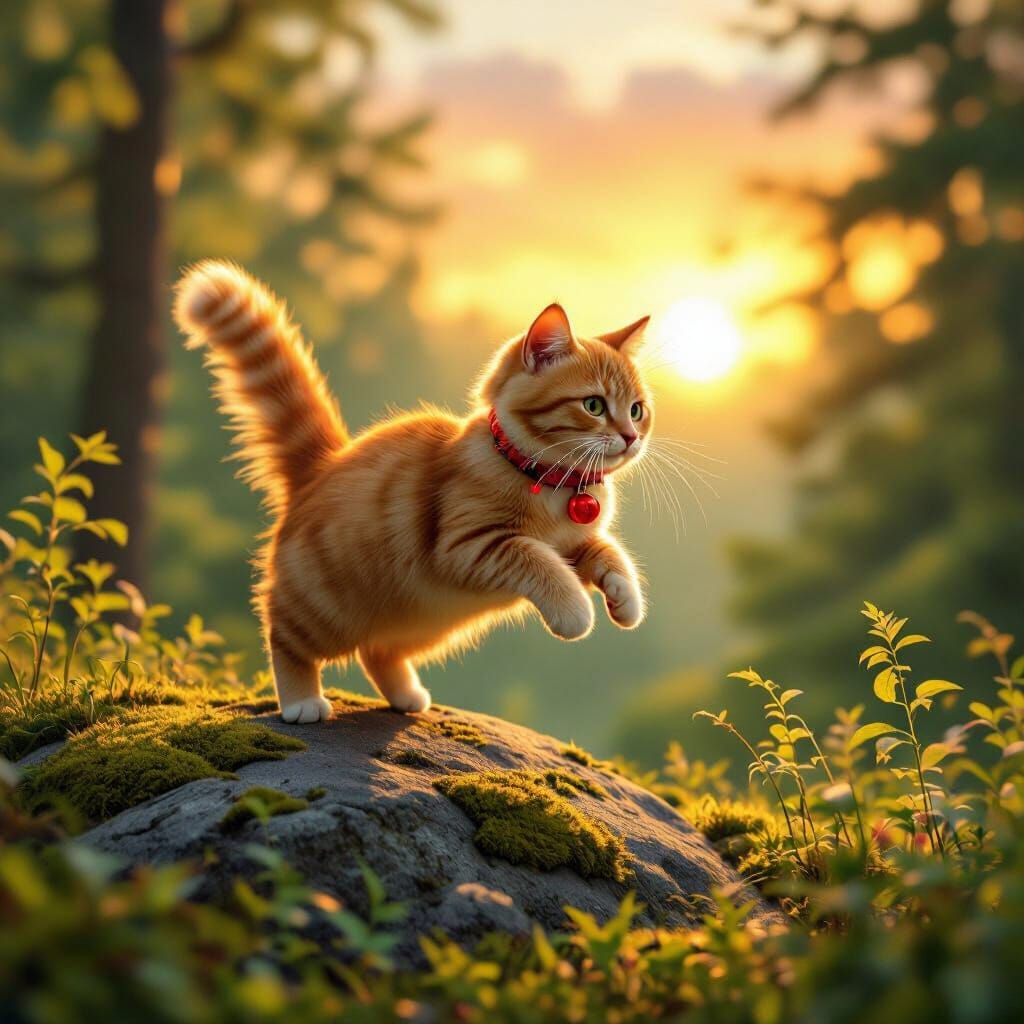 Ginger Cat Leaping Off Rock in Sunset Forest