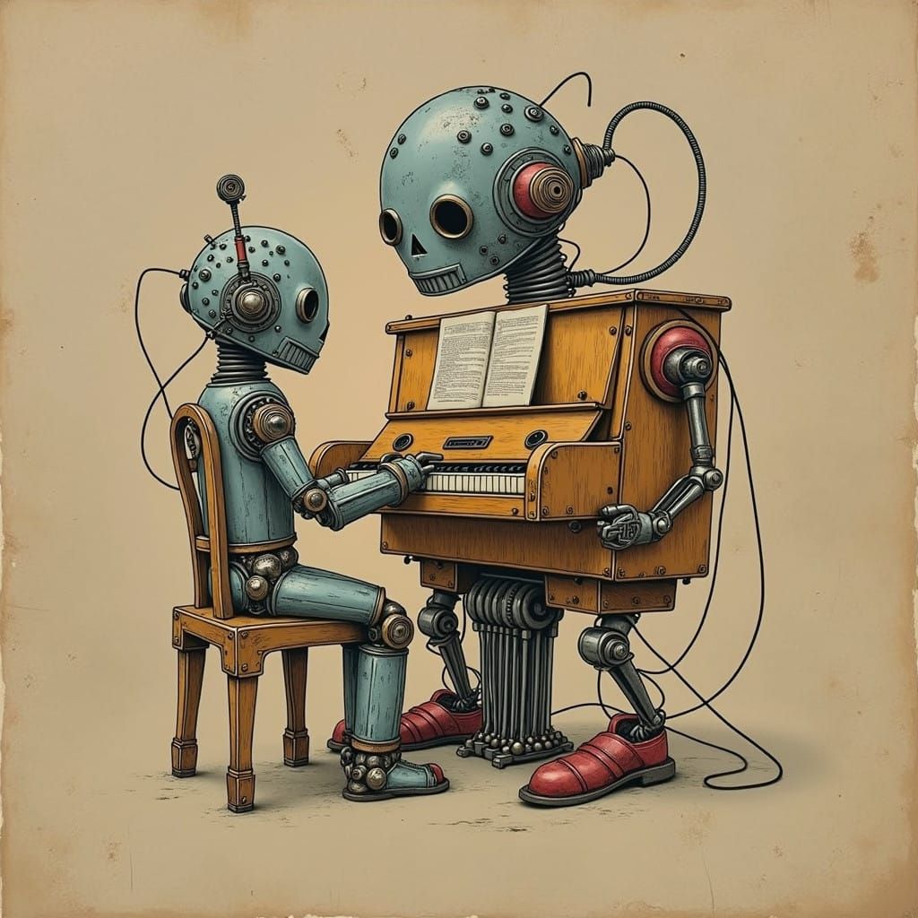 Vintage Robot Learns Piano in Whimsical String Art