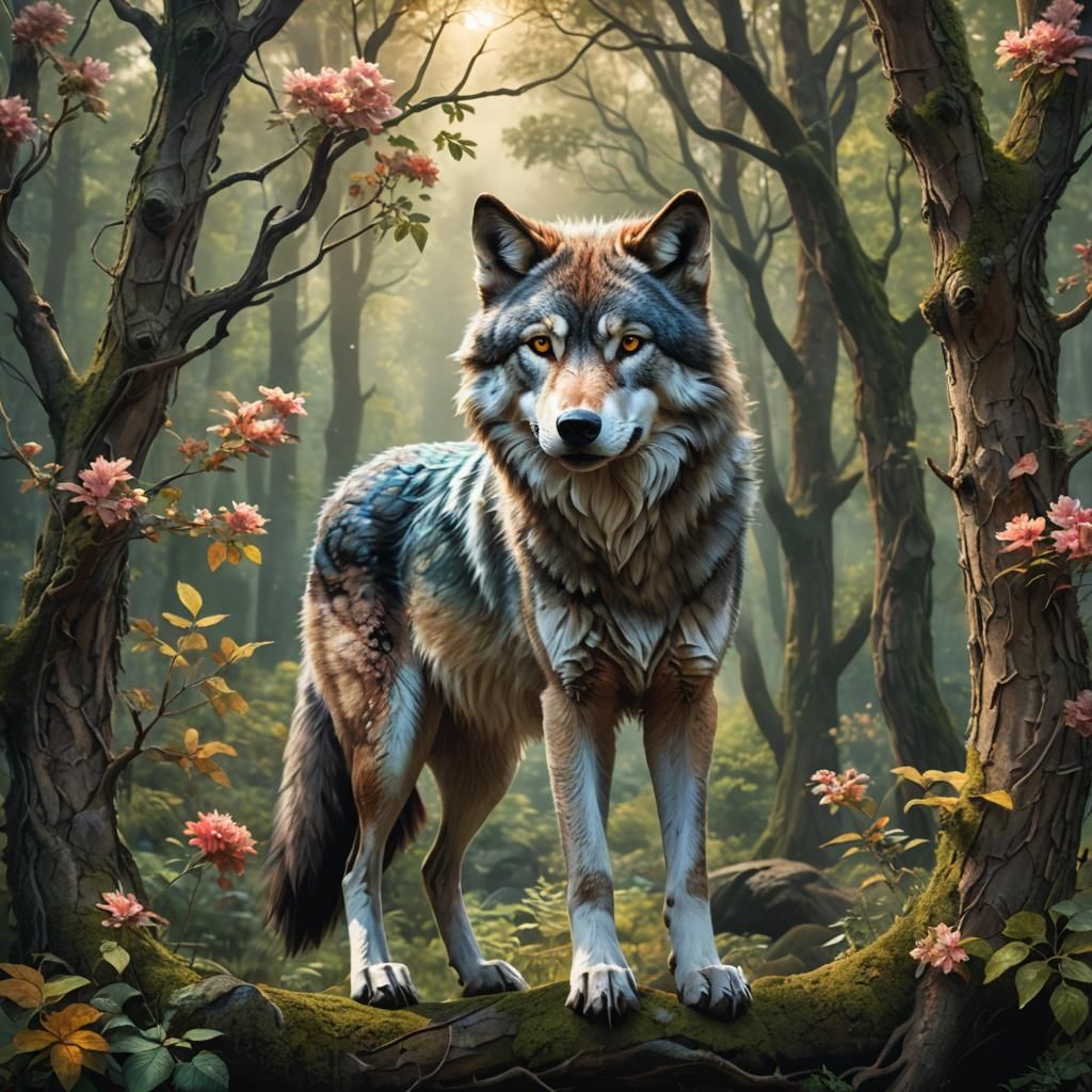 Surreal Wolf Made of Trees and Flowers