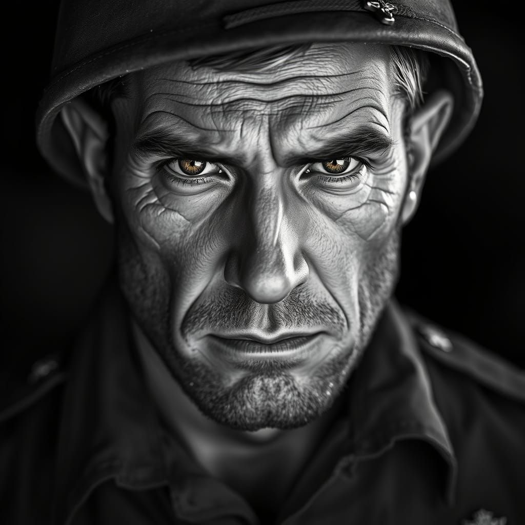 Gritty War Hero with Weathered Features and Intense Gaze