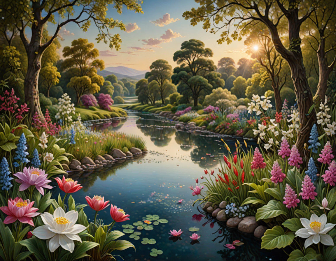 Luxurious Jewel-Toned River Landscape with Vibrant Flowers