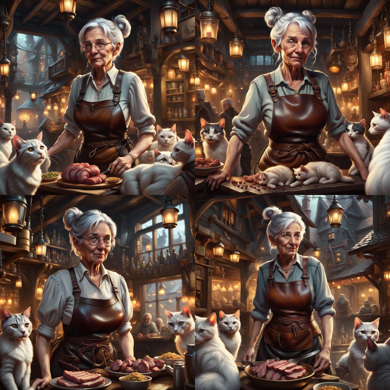 Fantasy Tavern Keeper with Ghost Cats, Detailed Digital Art