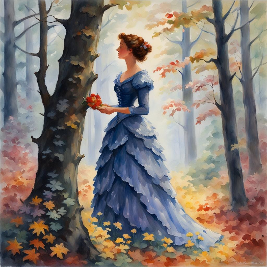 Woman in Autumnal Forest, Gouache Watercolor Style