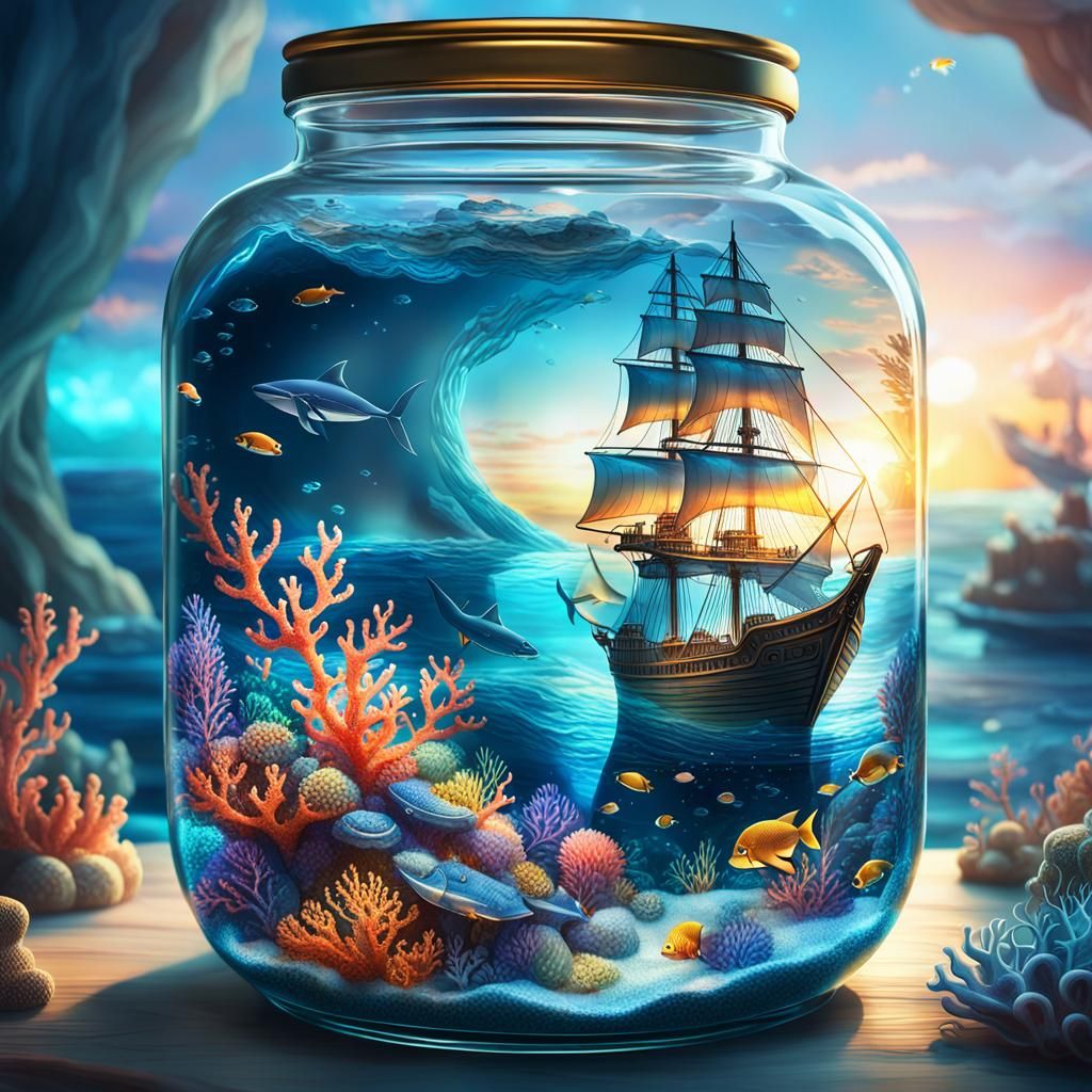 Fantasycore Glass Jar with Sunset and Coral Reef