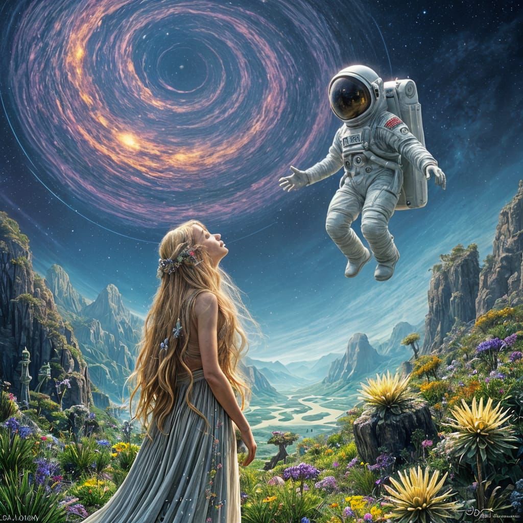 Whimsical Alien Landscape with Enchanted Druidess