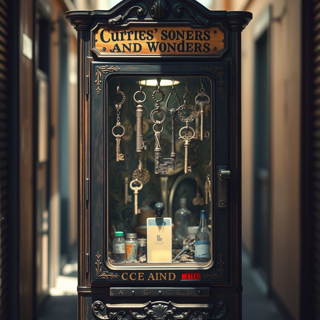 Antique Vending Machine Selling Whimsical Keys in Sunlit All...