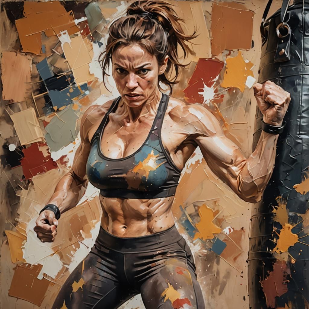 Muscular Woman Kicking Heavy Bag in Abstract Expressionist O...