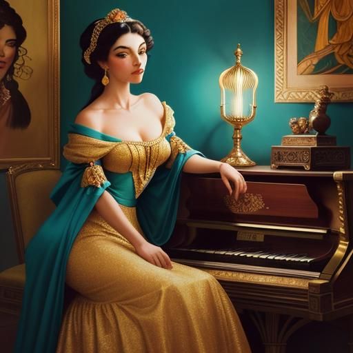 Ornate Portrait of Woman with Music Box in Art Nouveau Style